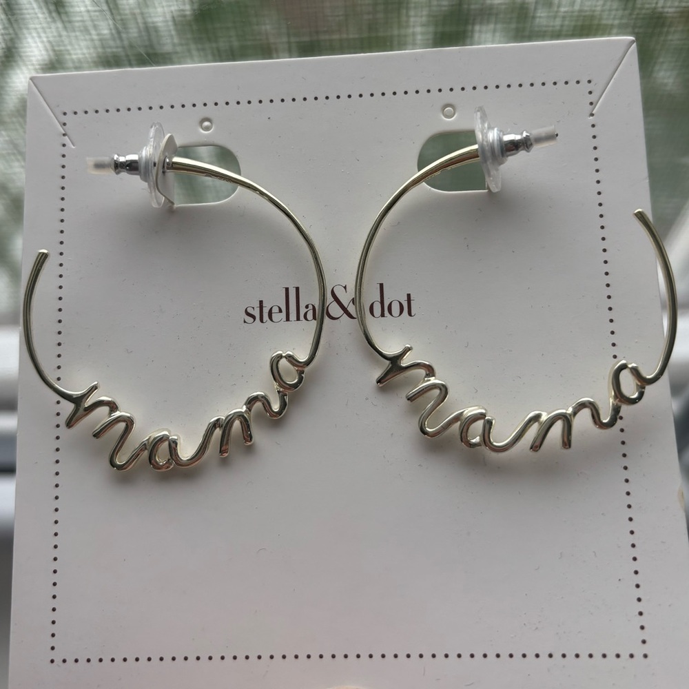 Stella & Dot Gold 'Mama' Script Hoop Earrings